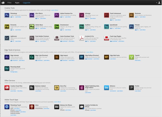 Eine Reihe von Programmen aus Adobe Creative Cloud
